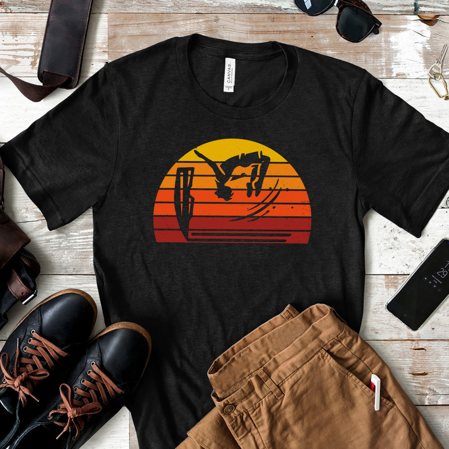 Retro Sunset Cliff Jumping T-Shirt - Outdoorsy Distressed Vintage Sunset Silhouette Adventure Shirt