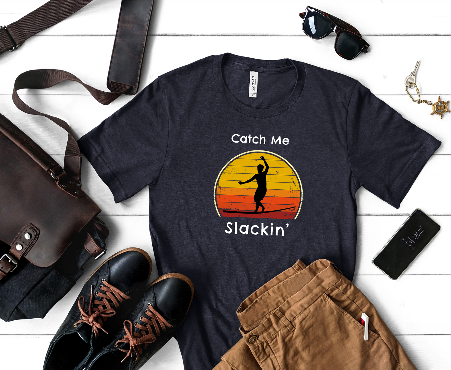 "Catch Me Slackin" Slackline/Highlight T-Shirt | Vintage Inspired, Retro Sunset Slackline/Highline Shirt