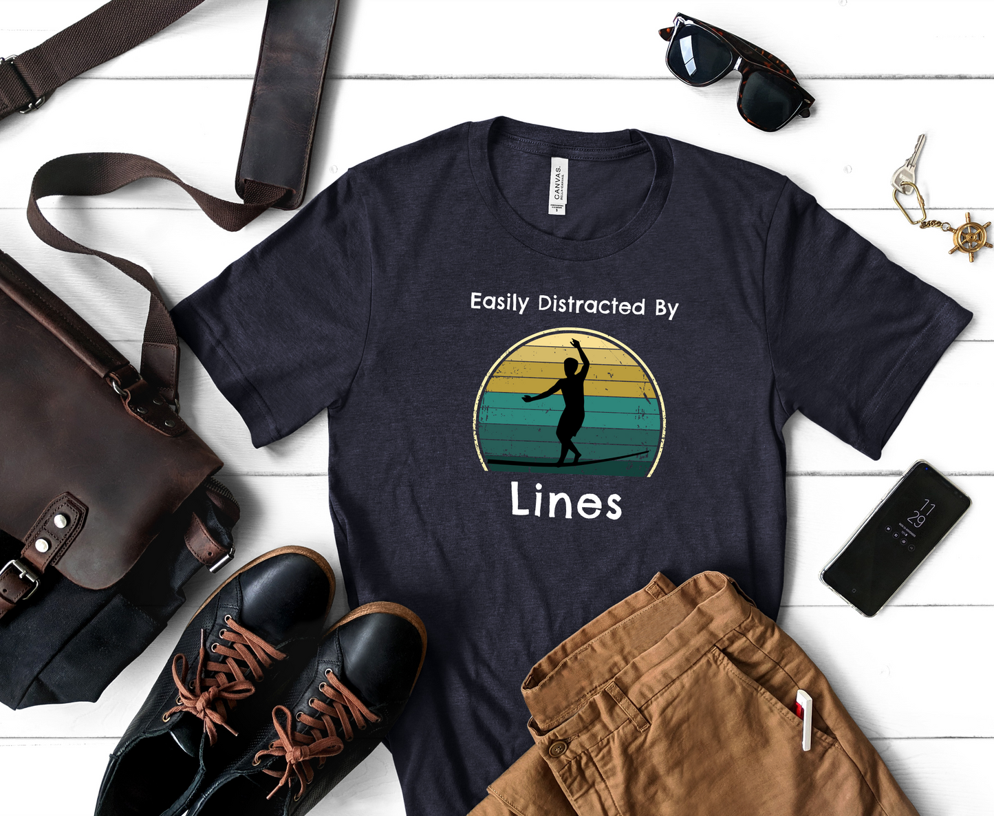 "Easily Distracted By Lines" Funny Slackline/Highlight T-Shirt | Vintage Inspired, Retro Sunset Slackline/Highline Shirt