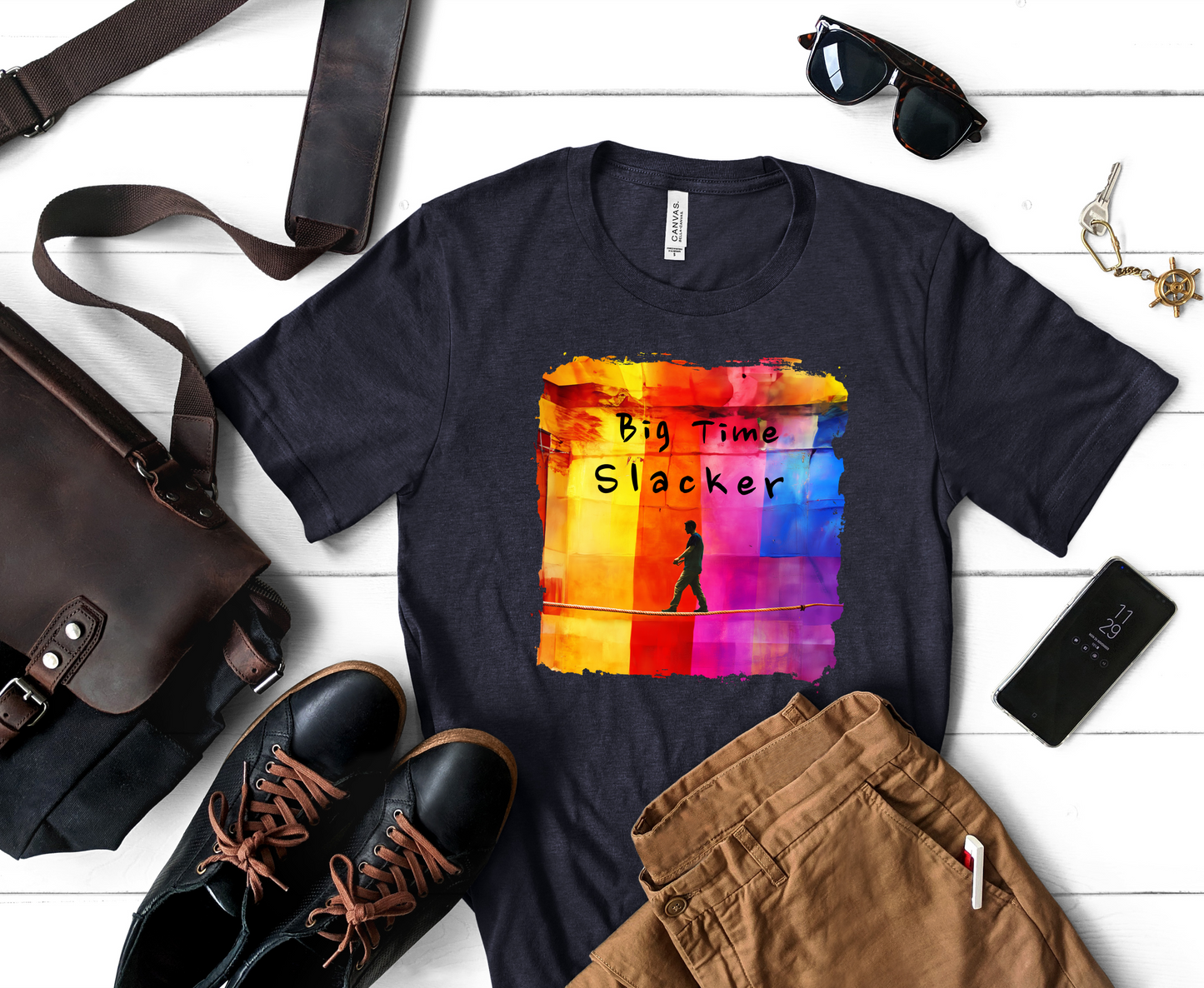 "Big Time Slacker" Colorful Abstract Slackline T-shirt | Slackline Highline Shirt - Rainbow Cubic Splatter Paint Design