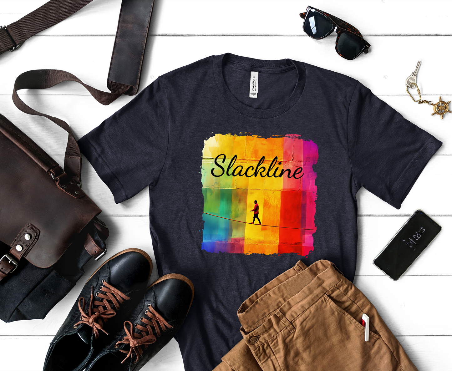 "Slackline" Colorful Abstract Slackline T-shirt | Slackline Shirt - Rainbow Cubic Splatter Paint Design