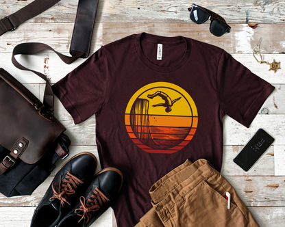 Retro Sunset Cliff Jumping T-Shirt - Outdoorsy Distressed Vintage Sunset Silhouette Adventure Shirt