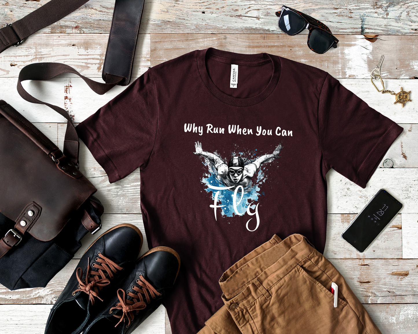 "Why Run When You Can Fly" Butterfly Swim Shirt for Swimmers | Butterfly Stroke T-Shirt Grunge Distressed Swim Tee