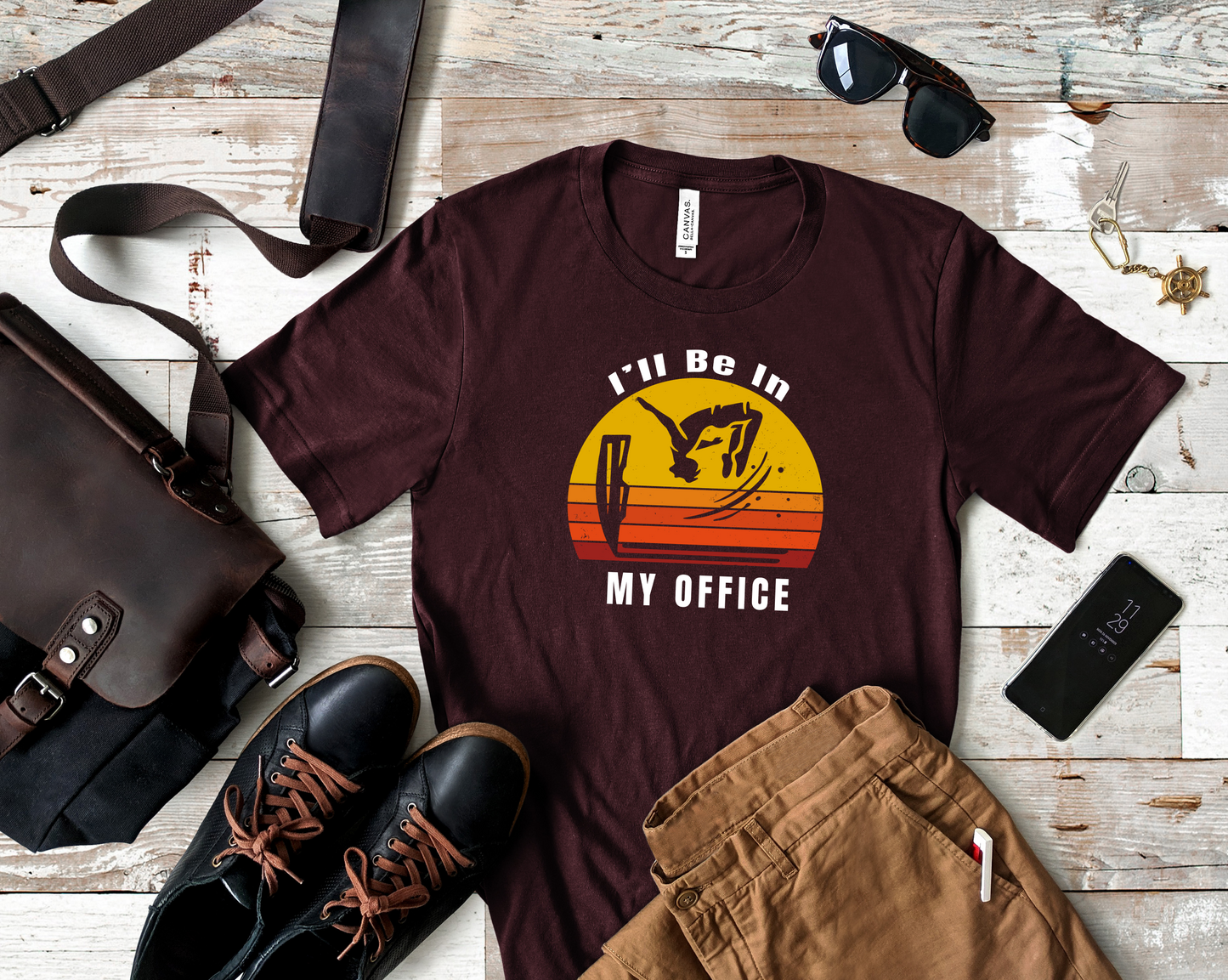 Vintage Retro Sunset Cliff Jumping T-Shirt "Ill Be In My Office" Funny Shirt for Outdoor Enthusiast