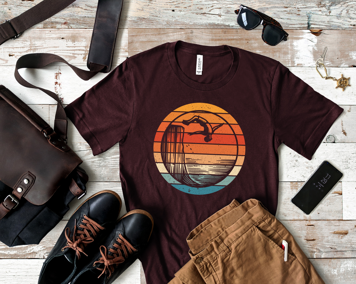 Retro Sunset Cliff Jumping T-Shirt - Outdoorsy Distressed Vintage Sunset Silhouette Adventure Shirt