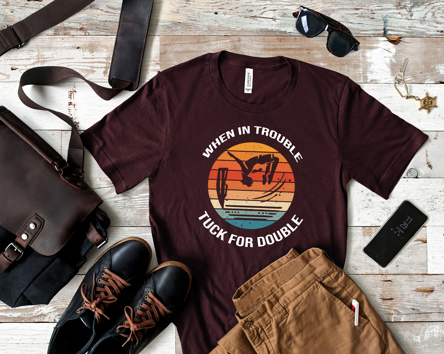 "When In Trouble, Tuck for Double" - Funny Cliff Jumping T-Shirt | Retro Adventure Design