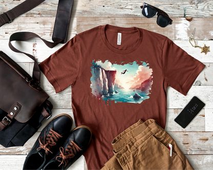 Watercolor Cliff Jumping T-Shirt with Dreamy Adventure Design