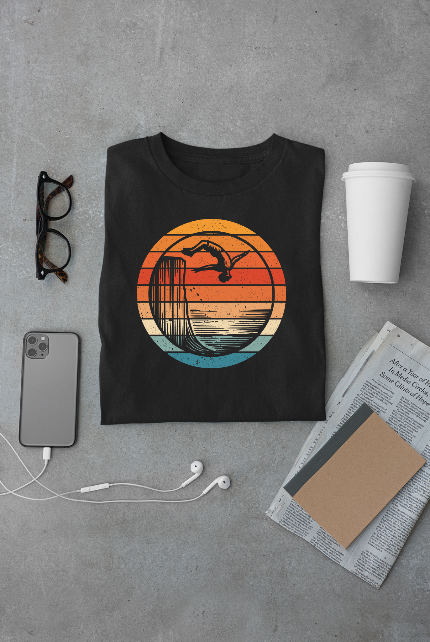 Retro Sunset Cliff Jumping T-Shirt - Outdoorsy Distressed Vintage Sunset Silhouette Adventure Shirt