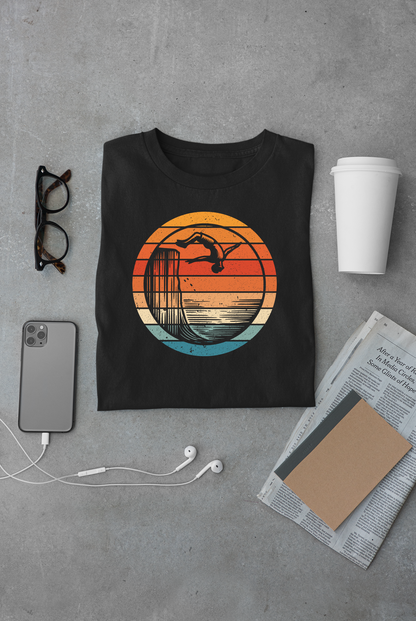 Retro Sunset Cliff Jumping T-Shirt - Outdoorsy Distressed Vintage Sunset Silhouette Adventure Shirt