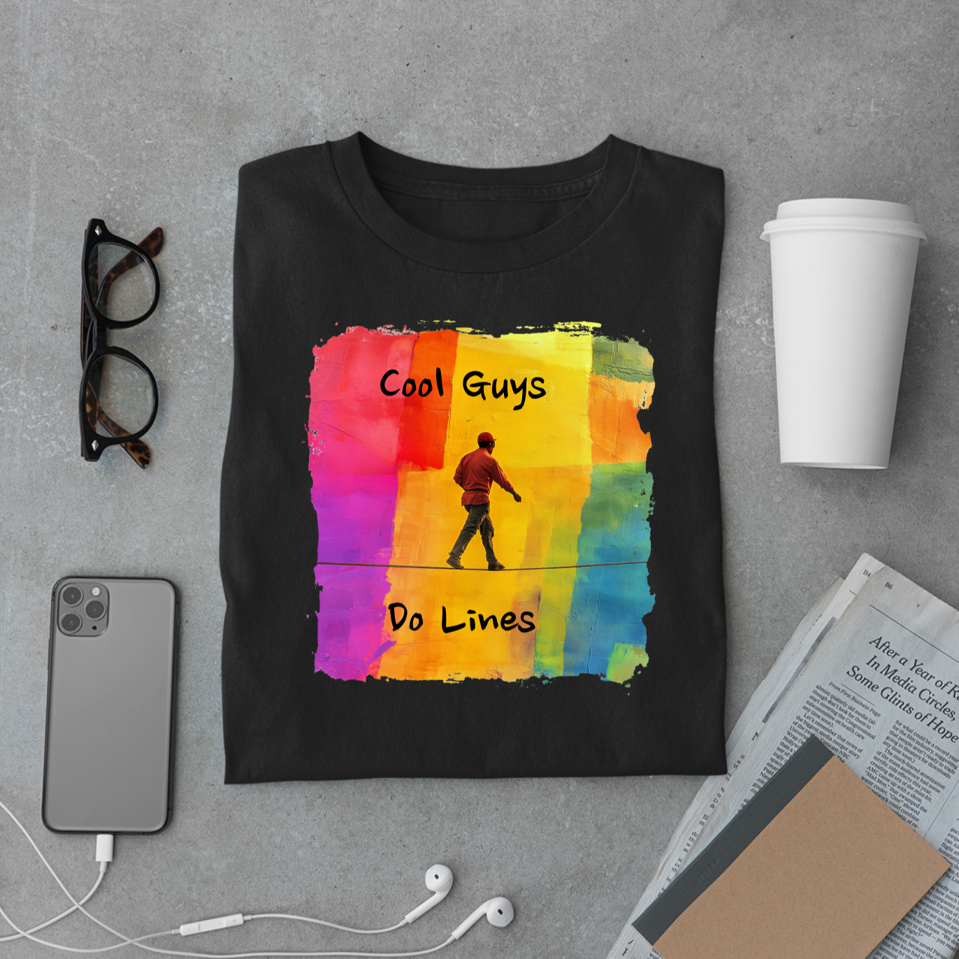 "Yeah, I Do Lines" Funny Slackline T-shirt | Colorful Abstract Slackline Highline Shirt - Rainbow Cubic Splatter Paint Design