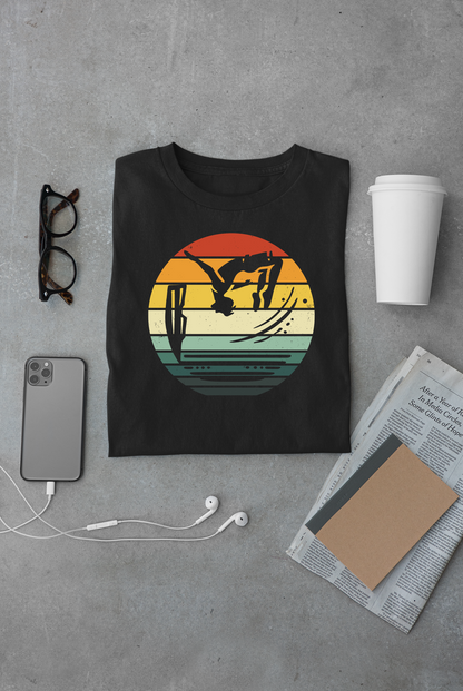 Retro Sunset Cliff Jumping T-Shirt - Outdoorsy Distressed Vintage Sunset Silhouette Adventure Shirt