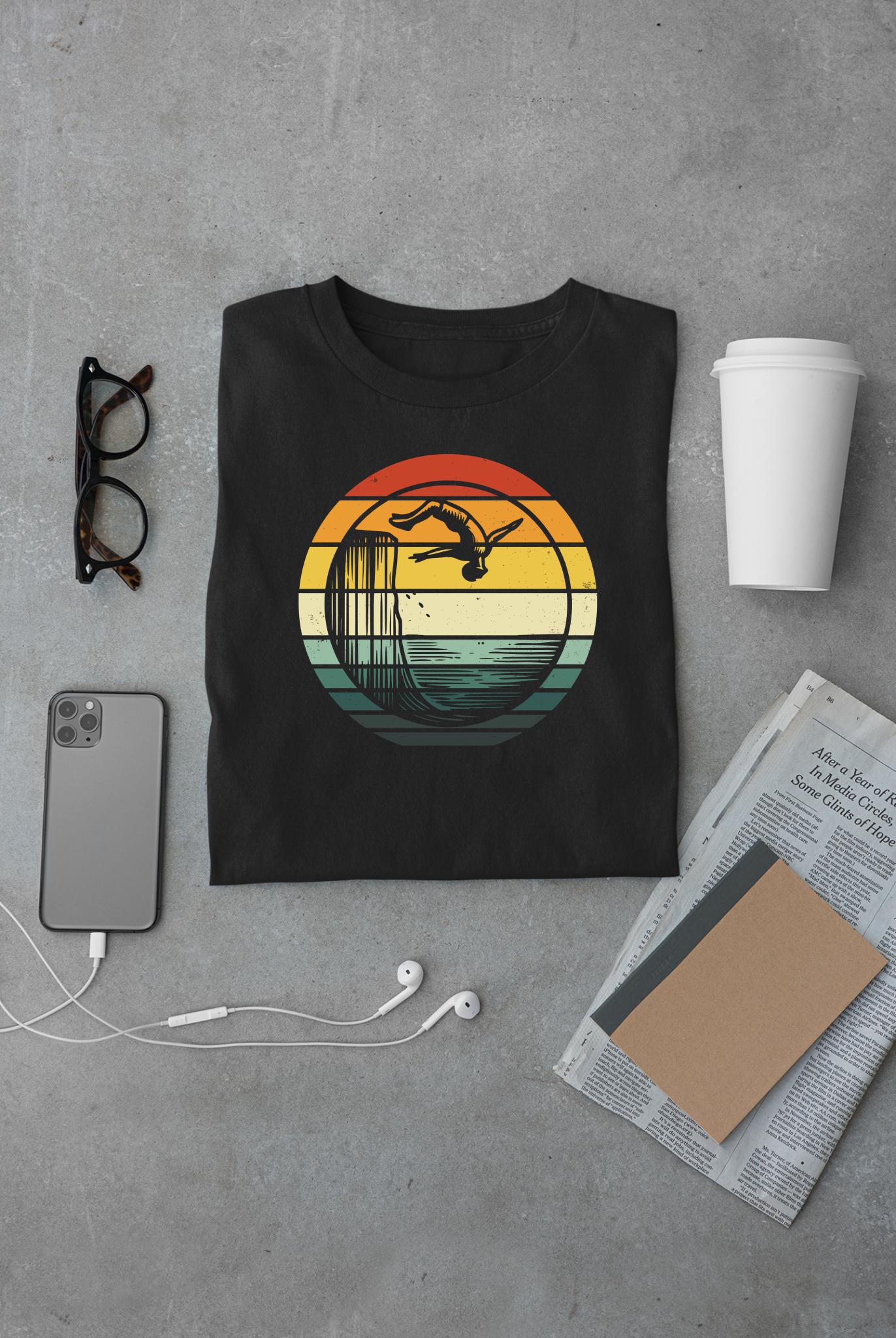 Retro Sunset Cliff Jumping T-Shirt - Outdoorsy Distressed Vintage Sunset Silhouette Adventure Shirt