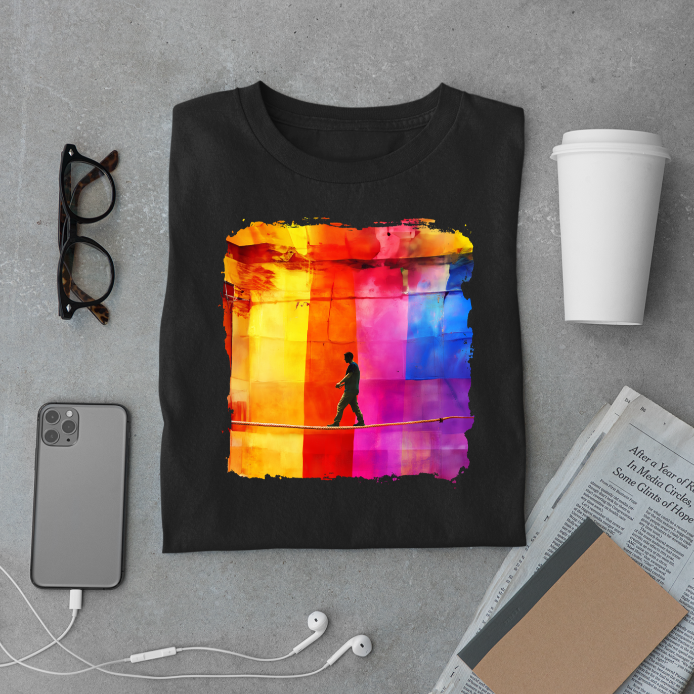 Colorful Abstract Slackline T-shirt | Slackline Highline Shirt - Rainbow Cubic Splatter Paint Design