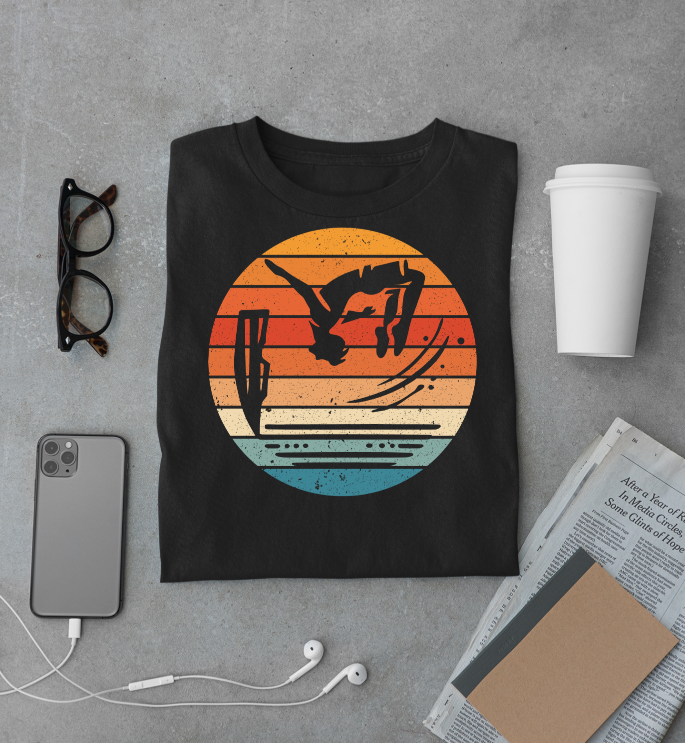 Retro Sunset Cliff Jumping T-Shirt - Outdoorsy Distressed Vintage Sunset Silhouette Adventure Shirt