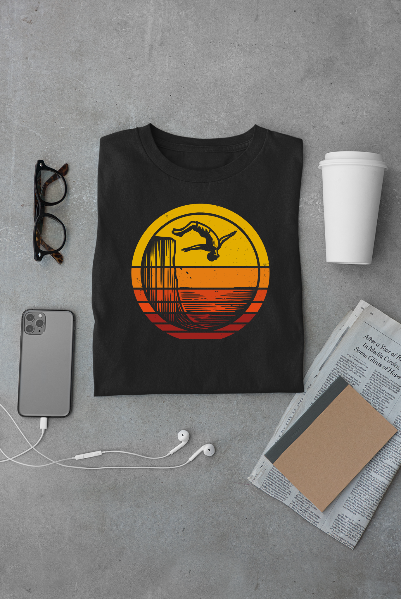 Retro Sunset Cliff Jumping T-Shirt - Outdoorsy Distressed Vintage Sunset Silhouette Adventure Shirt