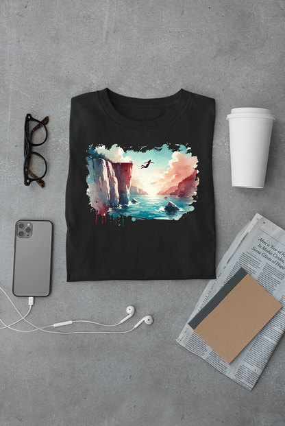 Watercolor Cliff Jumping T-Shirt with Dreamy Adventure Design