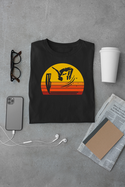 Retro Sunset Cliff Jumping T-Shirt - Outdoorsy Distressed Vintage Sunset Silhouette Adventure Shirt