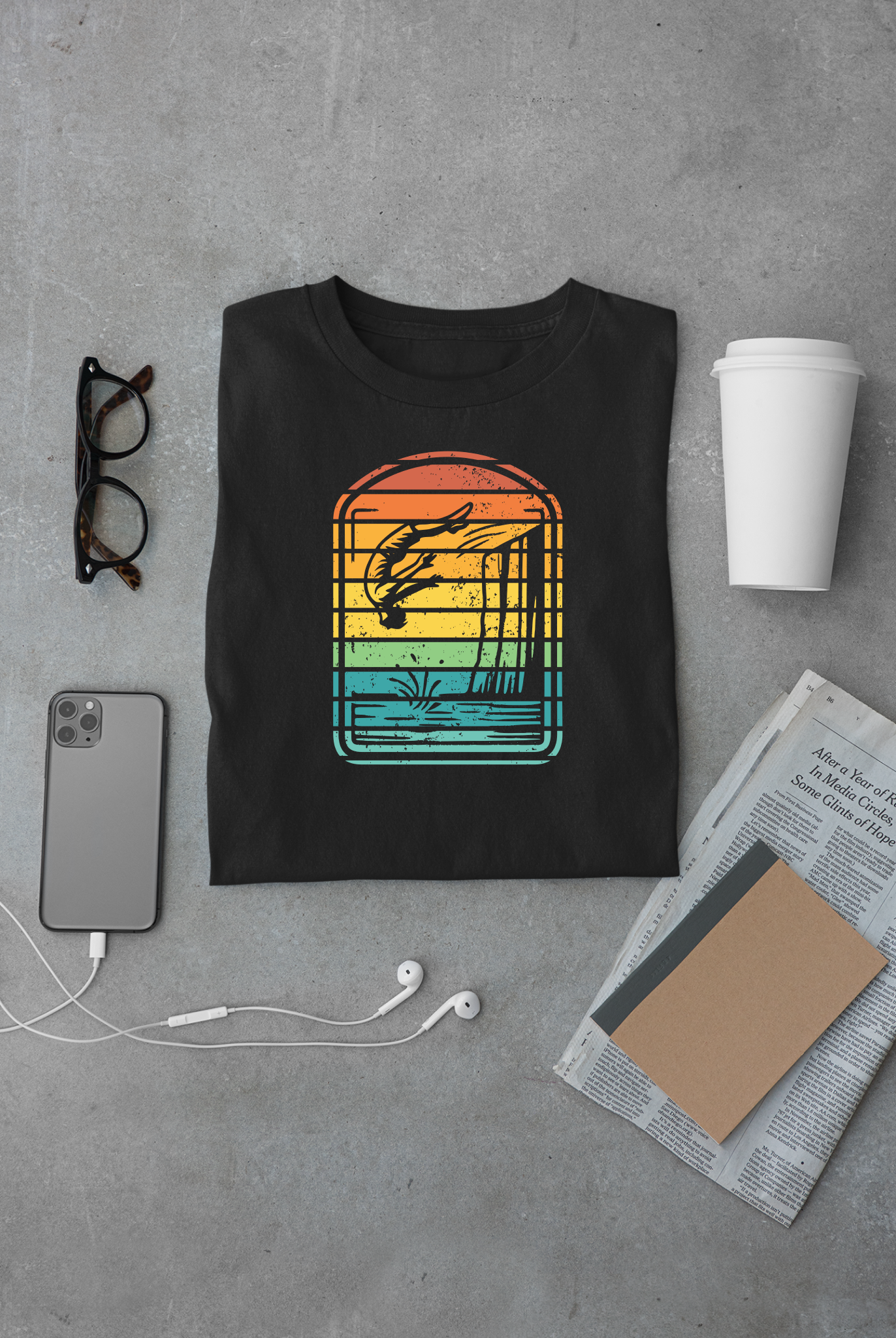 Retro Rainbow Cliff Jumping Silhouette T-Shirt - Outdoorsy Vintage Adventure Shirt