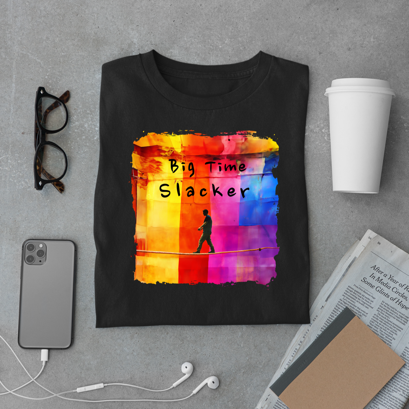 "Big Time Slacker" Colorful Abstract Slackline T-shirt | Slackline Highline Shirt - Rainbow Cubic Splatter Paint Design