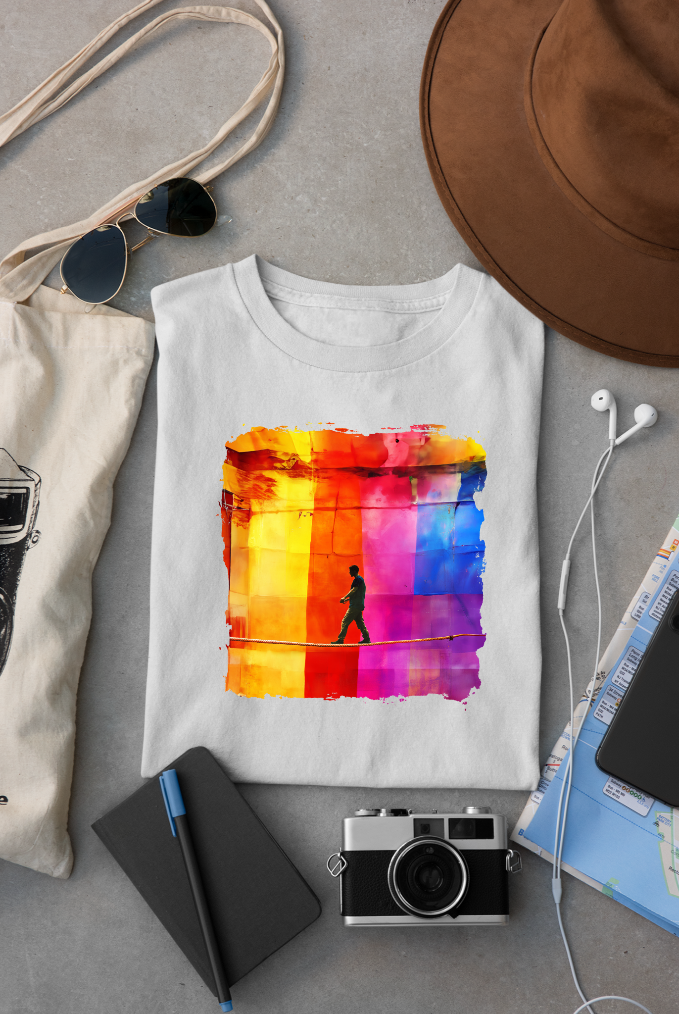 Colorful Abstract Slackline T-shirt | Slackline Highline Shirt - Rainbow Cubic Splatter Paint Design