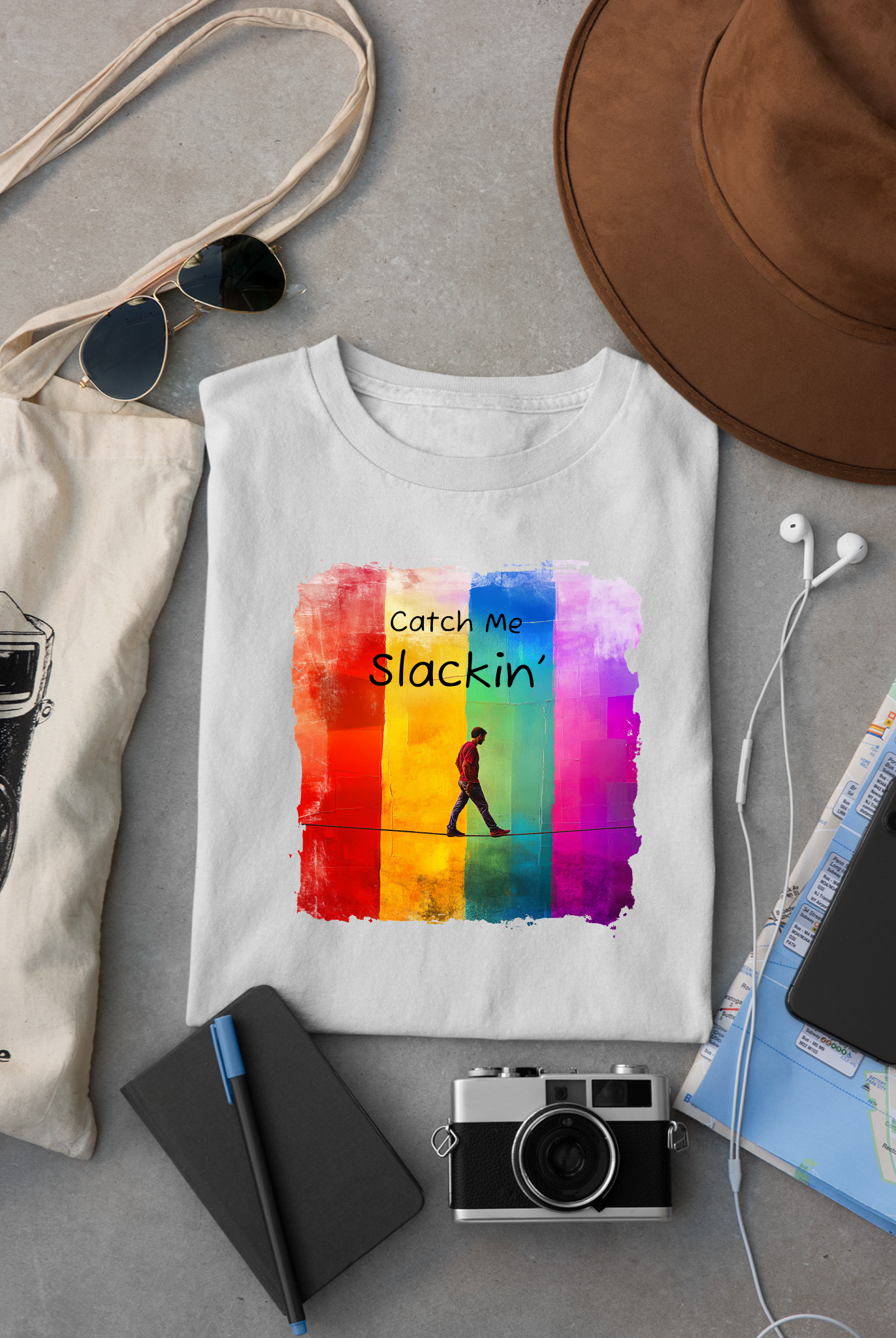 "Catch Me Slackin" Colorful Abstract Slackline T-shirt | Slackline Highline Shirt - Rainbow Cubic Splatter Paint Design