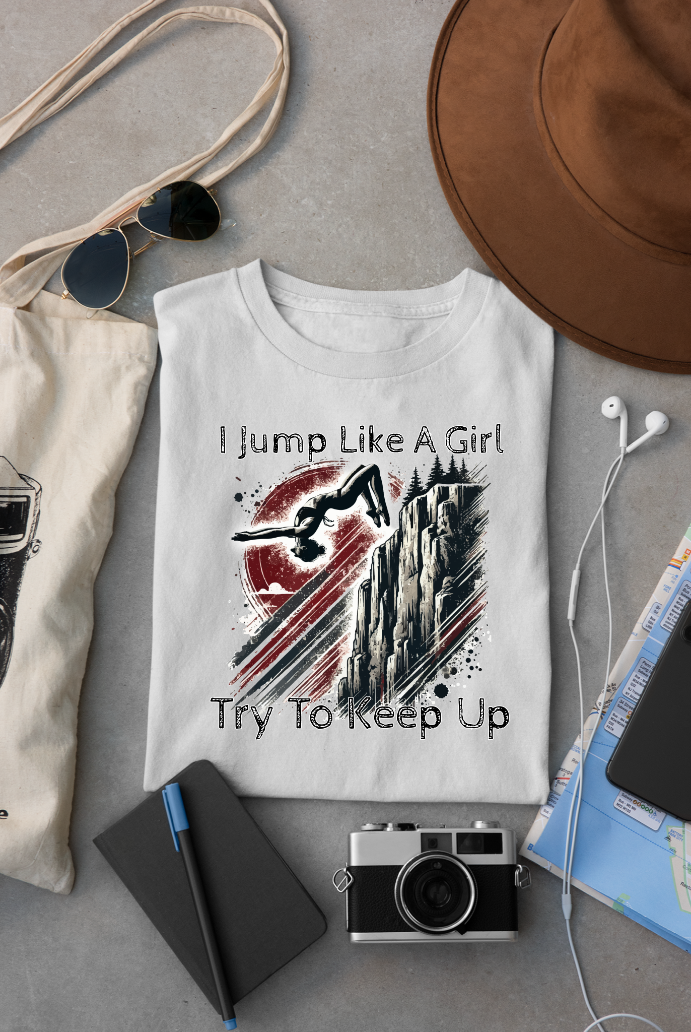 Women's Cliff Jumping T-Shirt "I Jump Like A Girl" Shirt for Adventure Lovers - Distressed Grunge Style