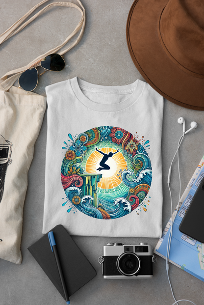 Mandala Style Cliff Jumping T-shirt for Outdoor Enthusiast - Colorful Mandala Art Design