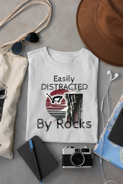 "Easily Distracted by Rocks" Cliff Jumping T-shirt | Distressed Grunge Style, Funny Shirt for Outdoor Enthusiasts