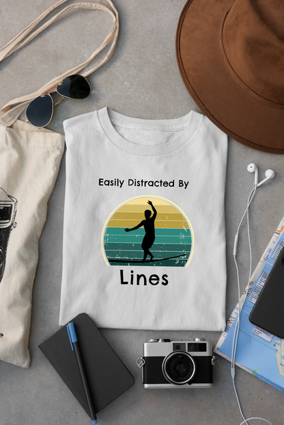 "Easily Distracted By Lines" Funny Slackline/Highlight T-Shirt | Vintage Inspired, Retro Sunset Slackline/Highline Shirt