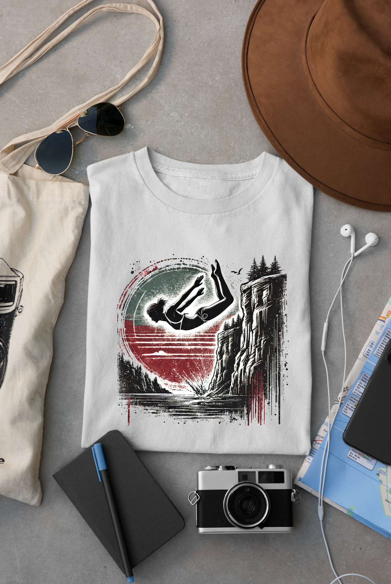 Women's Cliff Jumping T-Shirt - Distressed Grunge Style | Cliff Jump Flip Shirt for Outdoorsy Adventure Lovers