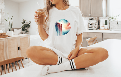 Watercolor Cliff Jumping T-Shirt with Dreamy Adventure Design