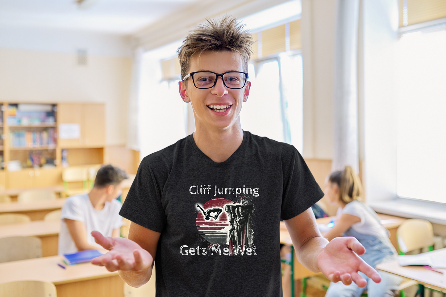 "Cliff Jumping Gets Me Wet" Shirt | Funny Cliff Jumping T-Shirt for Outdoorsy Adventurers - Distressed Grunge Design